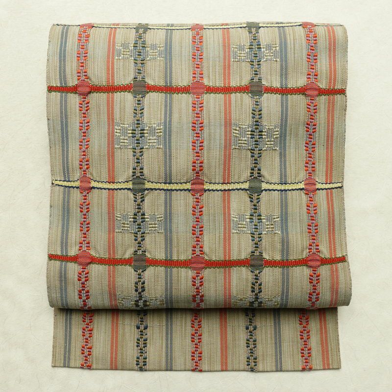 名古屋帯 六通柄 正絹 縞柄・線柄 名古屋仕立て なごや帯 リサイクル帯 帯 ベージュ_画像1