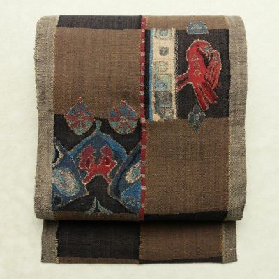 名古屋帯 太鼓柄 美品 正絹 幾何学柄・抽象柄 松葉仕立て なごや帯 リサイクル帯 帯 金糸 モダン 茶