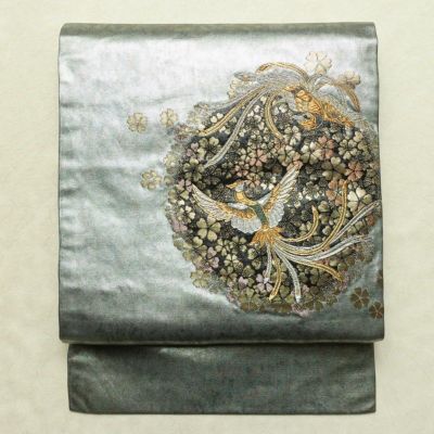 名古屋帯 青銅箔 太鼓柄 良品 正絹 人物・動物柄 名古屋仕立て なごや帯 リサイクル帯 帯 引箔 黒