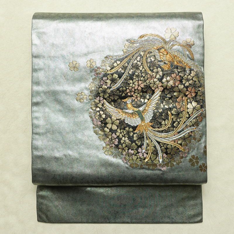 名古屋帯 青銅箔 太鼓柄 良品 正絹 人物・動物柄 名古屋仕立て なごや帯 リサイクル帯 帯 引箔 黒_画像1