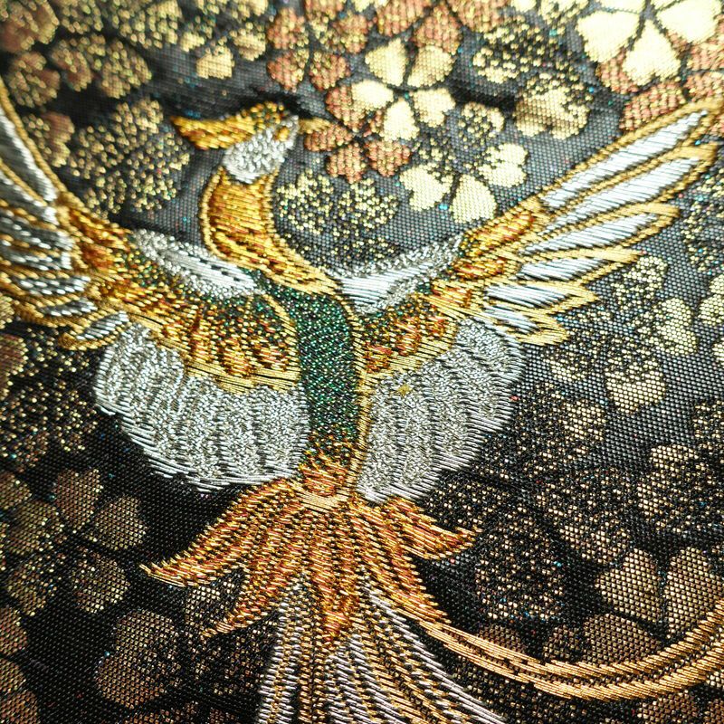 名古屋帯 青銅箔 太鼓柄 良品 正絹 人物・動物柄 名古屋仕立て なごや帯 リサイクル帯 帯 引箔 黒_画像5