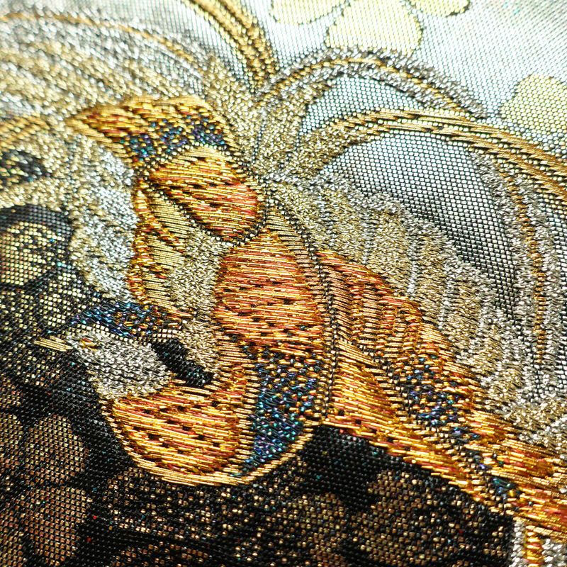 名古屋帯 青銅箔 太鼓柄 良品 正絹 人物・動物柄 名古屋仕立て なごや帯 リサイクル帯 帯 引箔 黒_画像7