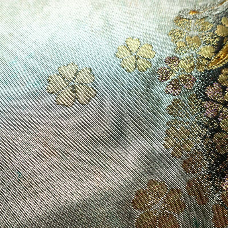 名古屋帯 青銅箔 太鼓柄 良品 正絹 人物・動物柄 名古屋仕立て なごや帯 リサイクル帯 帯 引箔 黒_画像8