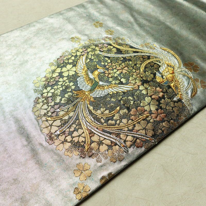 名古屋帯 青銅箔 太鼓柄 良品 正絹 人物・動物柄 名古屋仕立て なごや帯 リサイクル帯 帯 引箔 黒_画像12