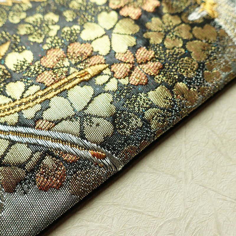 名古屋帯 青銅箔 太鼓柄 良品 正絹 人物・動物柄 名古屋仕立て なごや帯 リサイクル帯 帯 引箔 黒_画像13