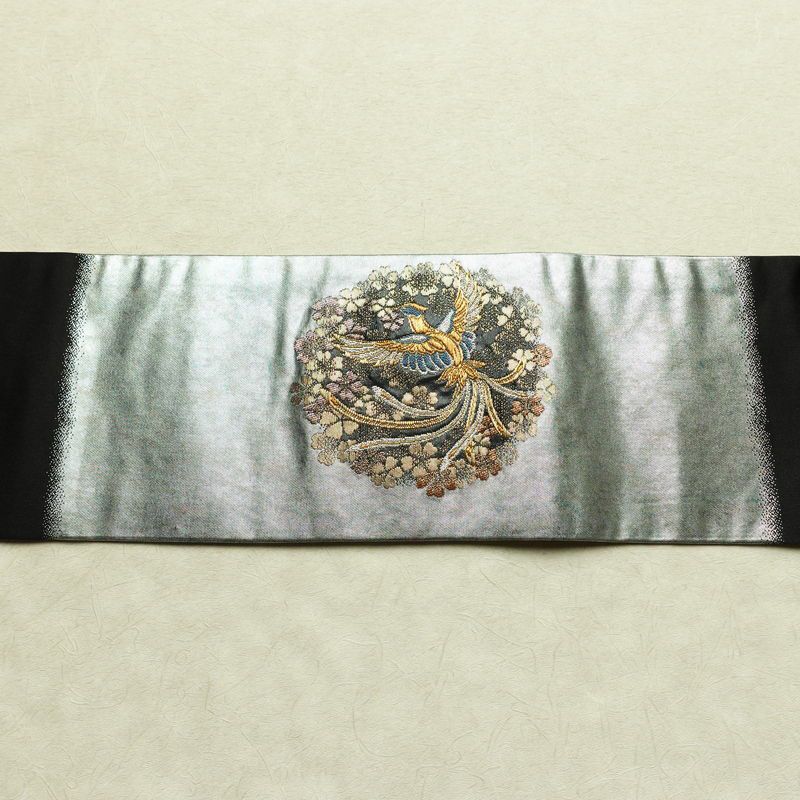 名古屋帯 青銅箔 太鼓柄 良品 正絹 人物・動物柄 名古屋仕立て なごや帯 リサイクル帯 帯 引箔 黒_画像14