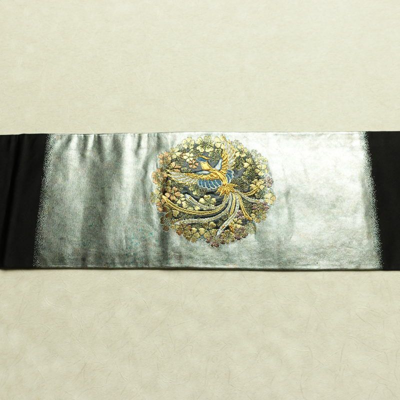 名古屋帯 青銅箔 太鼓柄 良品 正絹 人物・動物柄 名古屋仕立て なごや帯 リサイクル帯 帯 引箔 黒_画像15