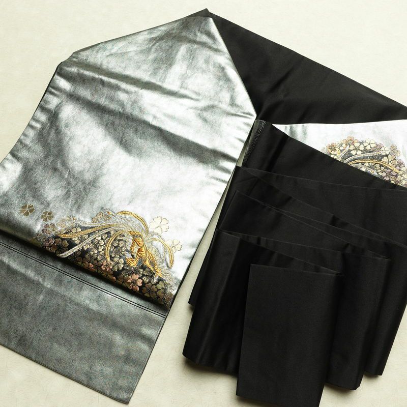 名古屋帯 青銅箔 太鼓柄 良品 正絹 人物・動物柄 名古屋仕立て なごや帯 リサイクル帯 帯 引箔 黒_画像18