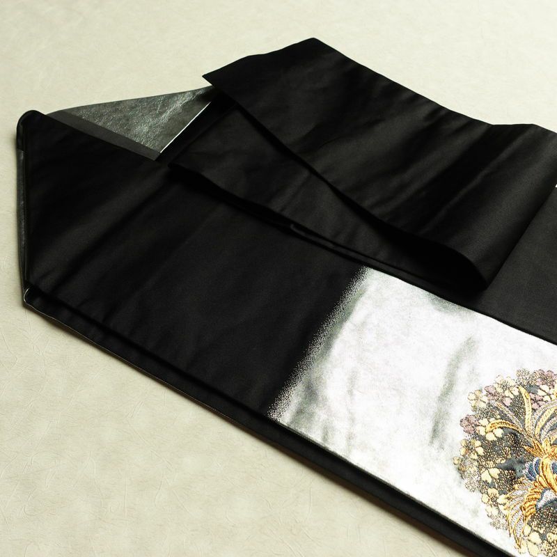 名古屋帯 青銅箔 太鼓柄 良品 正絹 人物・動物柄 名古屋仕立て なごや帯 リサイクル帯 帯 引箔 黒_画像21