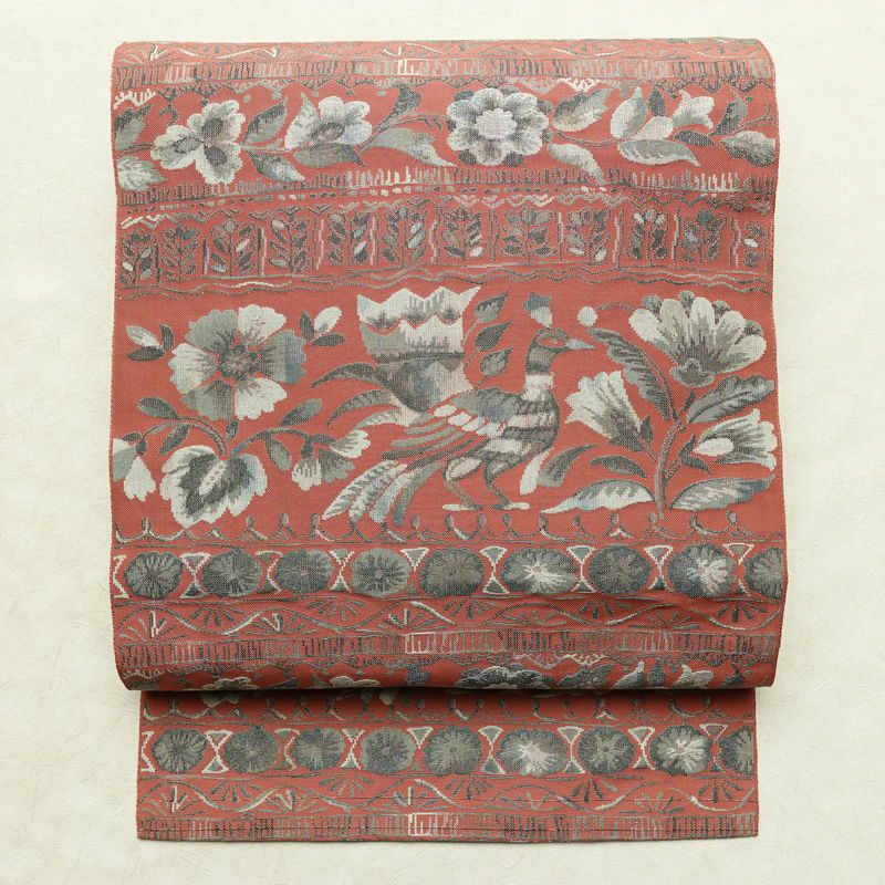 名古屋帯 全通柄 正絹 花柄 名古屋仕立て なごや帯 リサイクル帯 帯 モダン ピンク_画像1