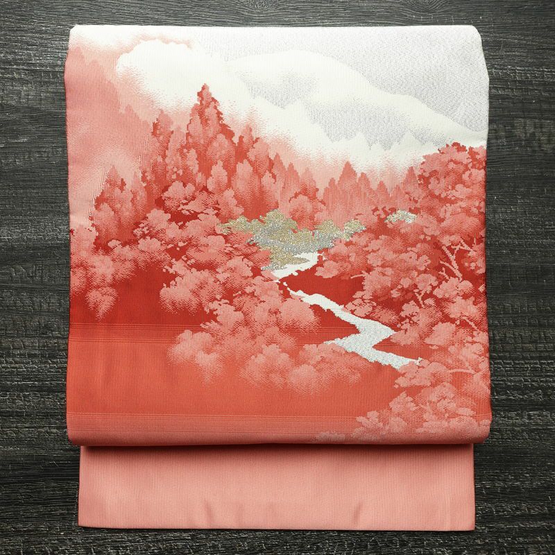 名古屋帯 太鼓柄 良品 正絹 風景柄 名古屋仕立て なごや帯 リサイクル帯 帯 金糸 銀糸 白_画像1