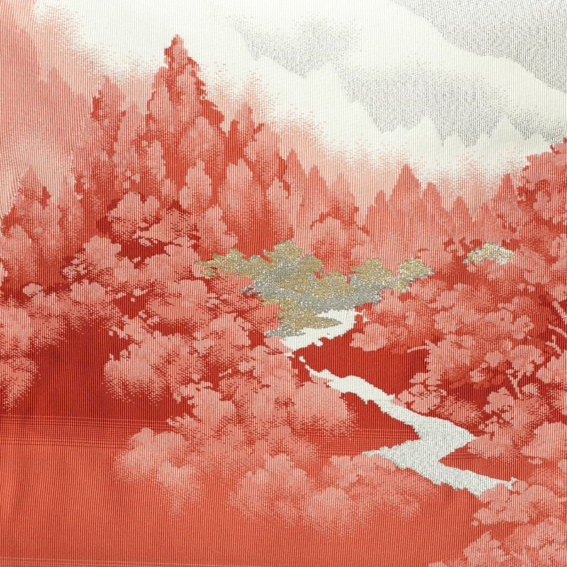 名古屋帯 太鼓柄 良品 正絹 風景柄 名古屋仕立て なごや帯 リサイクル帯 帯 金糸 銀糸 白_画像2