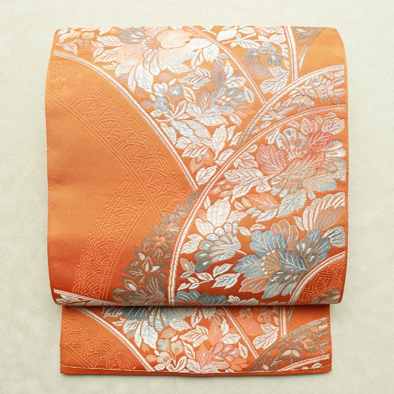 名古屋帯 六通柄 良品 正絹 花柄 松葉仕立て なごや帯 リサイクル帯 帯 橙_画像1