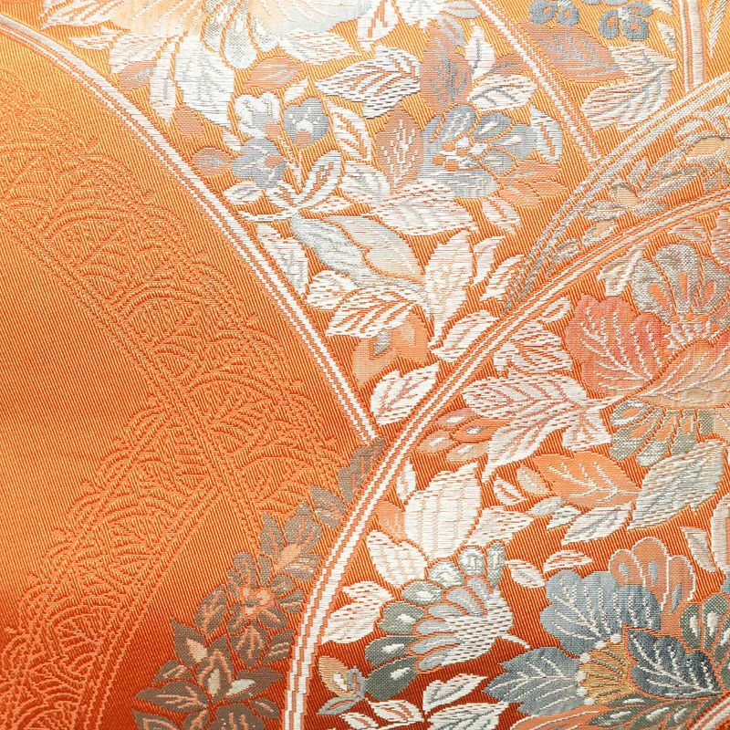 名古屋帯 六通柄 良品 正絹 花柄 松葉仕立て なごや帯 リサイクル帯 帯 橙_画像2