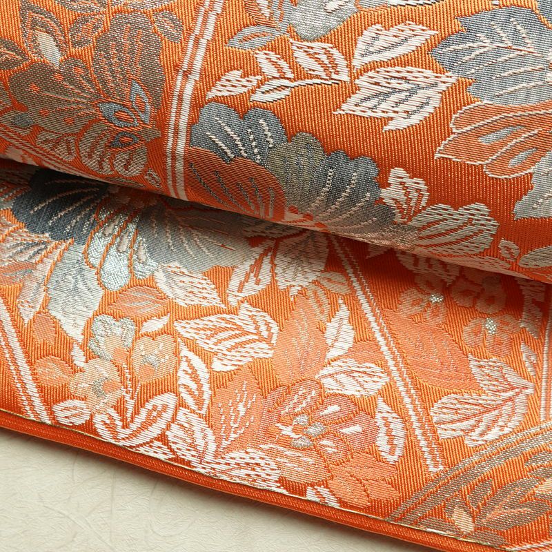 名古屋帯 六通柄 良品 正絹 花柄 松葉仕立て なごや帯 リサイクル帯 帯 橙_画像7