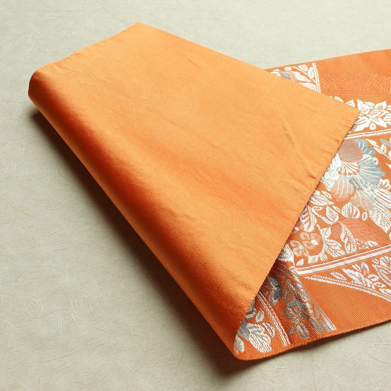 名古屋帯 六通柄 良品 正絹 花柄 松葉仕立て なごや帯 リサイクル帯 帯 橙_画像9