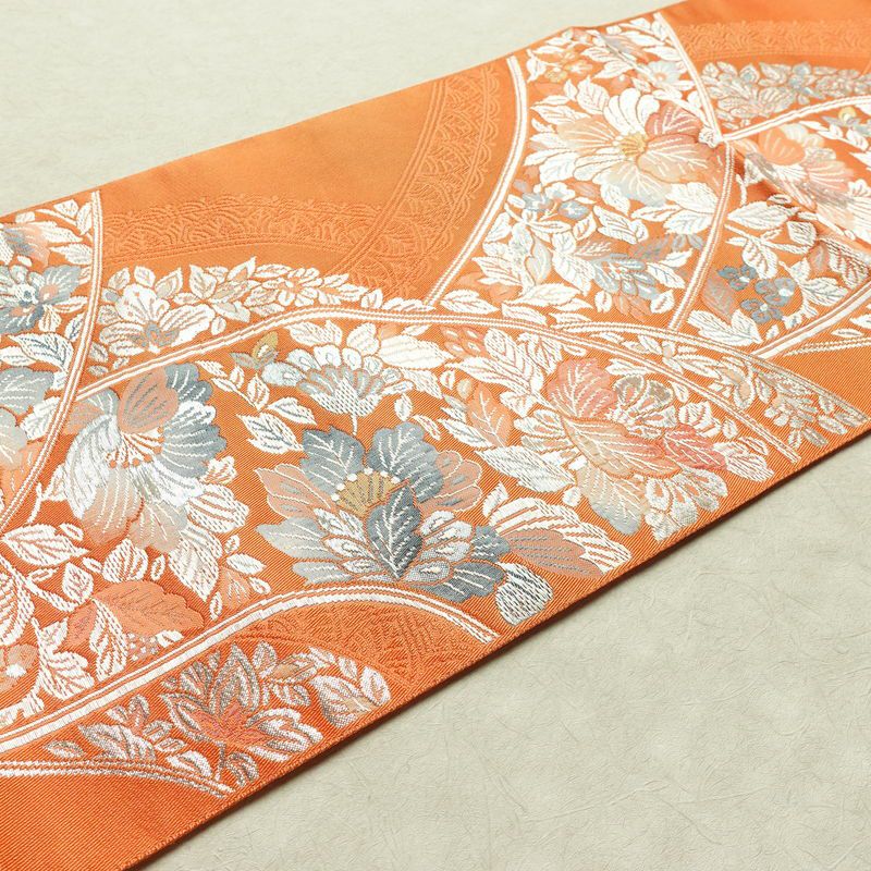名古屋帯 六通柄 良品 正絹 花柄 松葉仕立て なごや帯 リサイクル帯 帯 橙_画像11