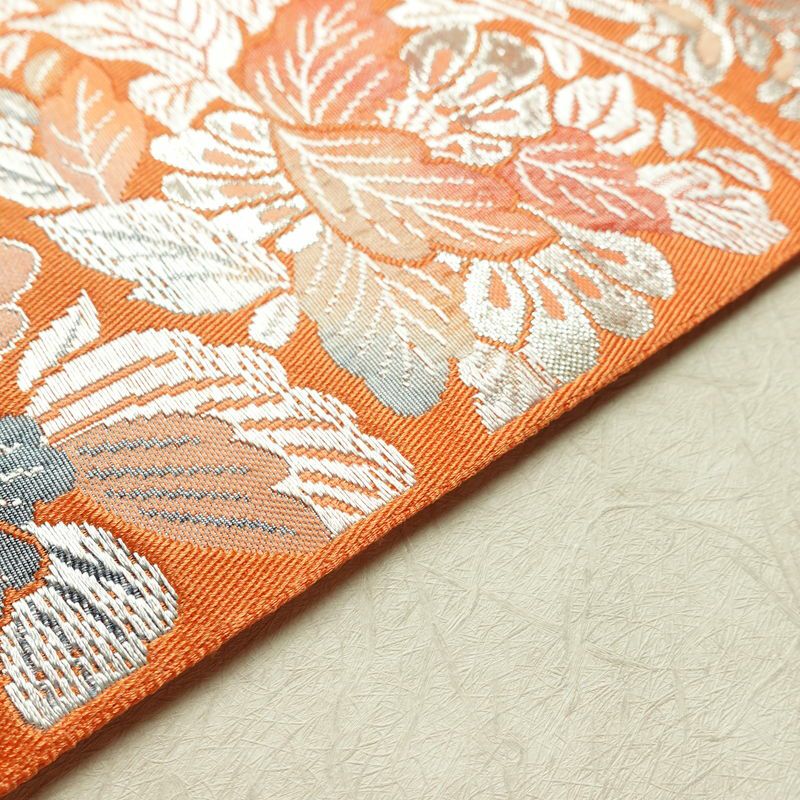 名古屋帯 六通柄 良品 正絹 花柄 松葉仕立て なごや帯 リサイクル帯 帯 橙_画像12