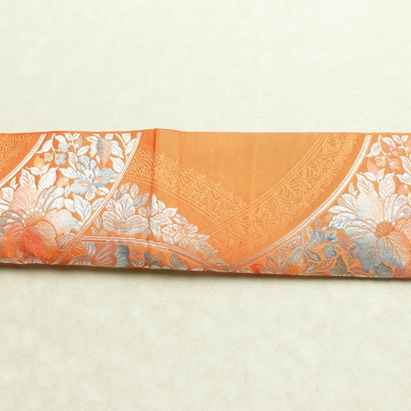 名古屋帯 六通柄 良品 正絹 花柄 松葉仕立て なごや帯 リサイクル帯 帯 橙_画像13