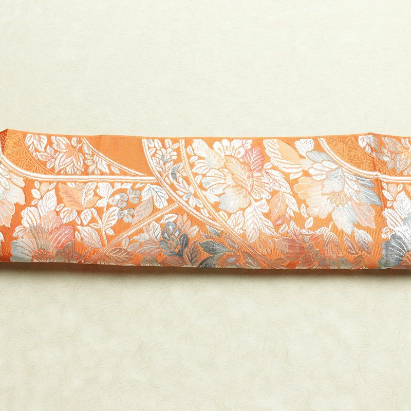 名古屋帯 六通柄 良品 正絹 花柄 松葉仕立て なごや帯 リサイクル帯 帯 橙_画像14