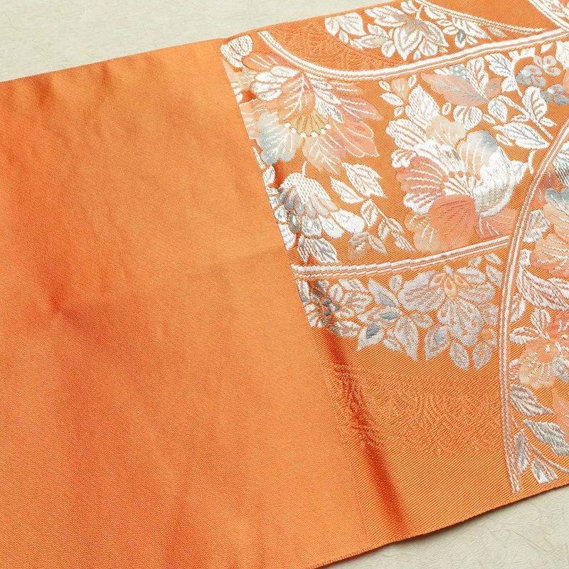 名古屋帯 六通柄 良品 正絹 花柄 松葉仕立て なごや帯 リサイクル帯 帯 橙_画像15