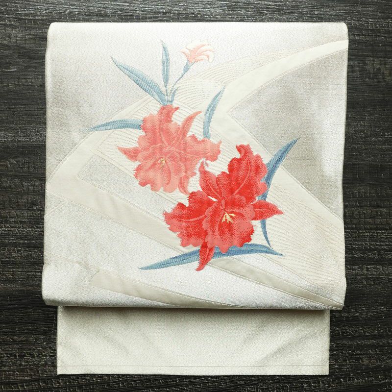 名古屋帯 太鼓柄 良品 正絹 花柄 名古屋仕立て なごや帯 リサイクル帯 帯 銀糸 シンプル ピンク_画像1