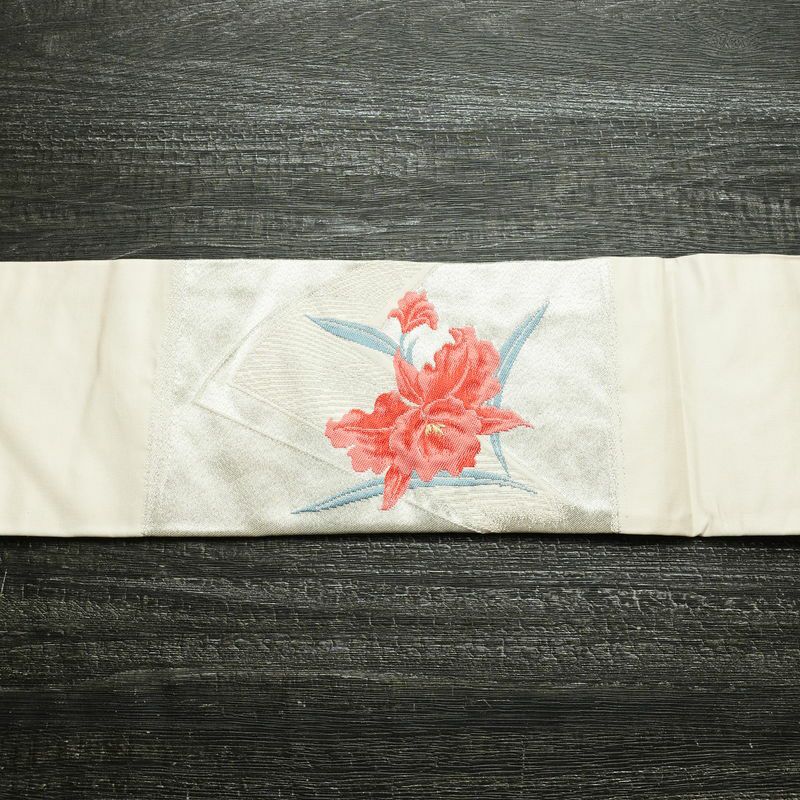 名古屋帯 太鼓柄 良品 正絹 花柄 名古屋仕立て なごや帯 リサイクル帯 帯 銀糸 シンプル ピンク_画像13