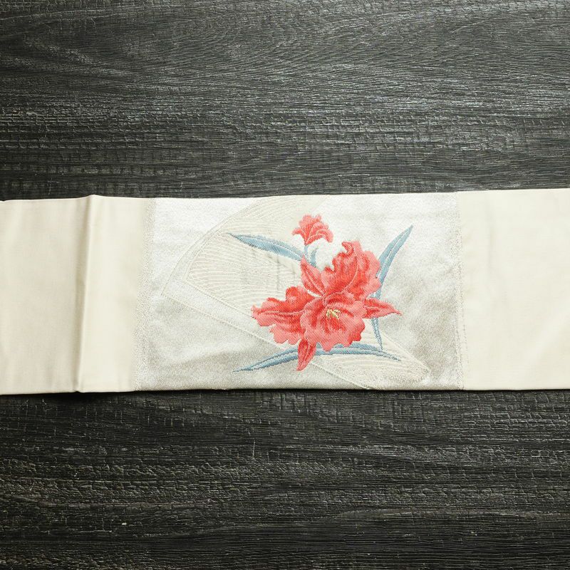 名古屋帯 太鼓柄 良品 正絹 花柄 名古屋仕立て なごや帯 リサイクル帯 帯 銀糸 シンプル ピンク_画像14