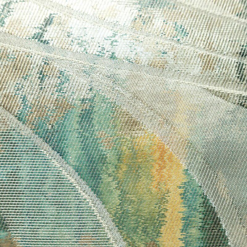 名古屋帯 六通柄 正絹 流水・波柄 名古屋仕立て なごや帯 リサイクル帯 帯 箔 緑・うぐいす色_画像4