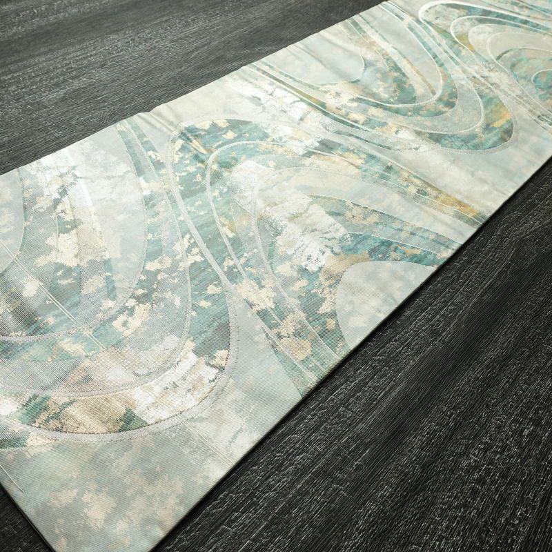 名古屋帯 六通柄 正絹 流水・波柄 名古屋仕立て なごや帯 リサイクル帯 帯 箔 緑・うぐいす色_画像8