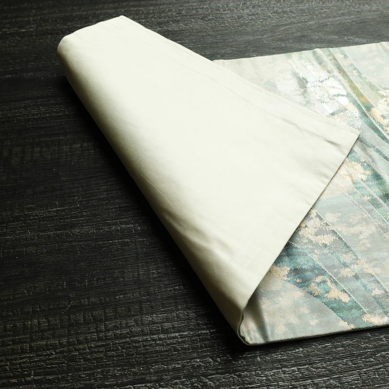 名古屋帯 六通柄 正絹 流水・波柄 名古屋仕立て なごや帯 リサイクル帯 帯 箔 緑・うぐいす色_画像9