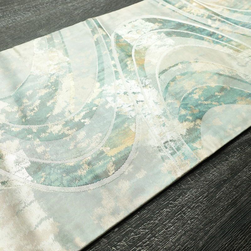 名古屋帯 六通柄 正絹 流水・波柄 名古屋仕立て なごや帯 リサイクル帯 帯 箔 緑・うぐいす色_画像11