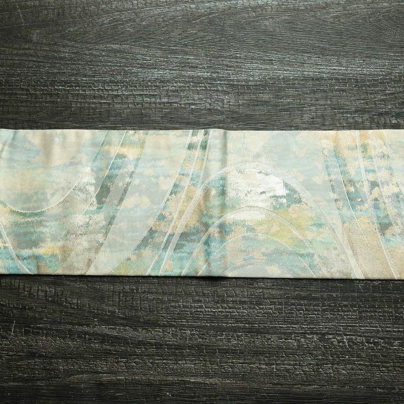 名古屋帯 六通柄 正絹 流水・波柄 名古屋仕立て なごや帯 リサイクル帯 帯 箔 緑・うぐいす色_画像13