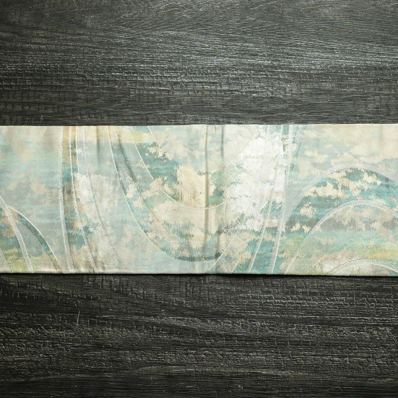 名古屋帯 六通柄 正絹 流水・波柄 名古屋仕立て なごや帯 リサイクル帯 帯 箔 緑・うぐいす色_画像14