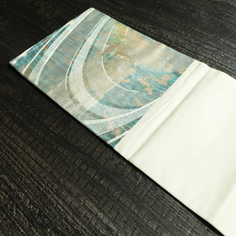 名古屋帯 六通柄 正絹 流水・波柄 名古屋仕立て なごや帯 リサイクル帯 帯 箔 緑・うぐいす色_画像16