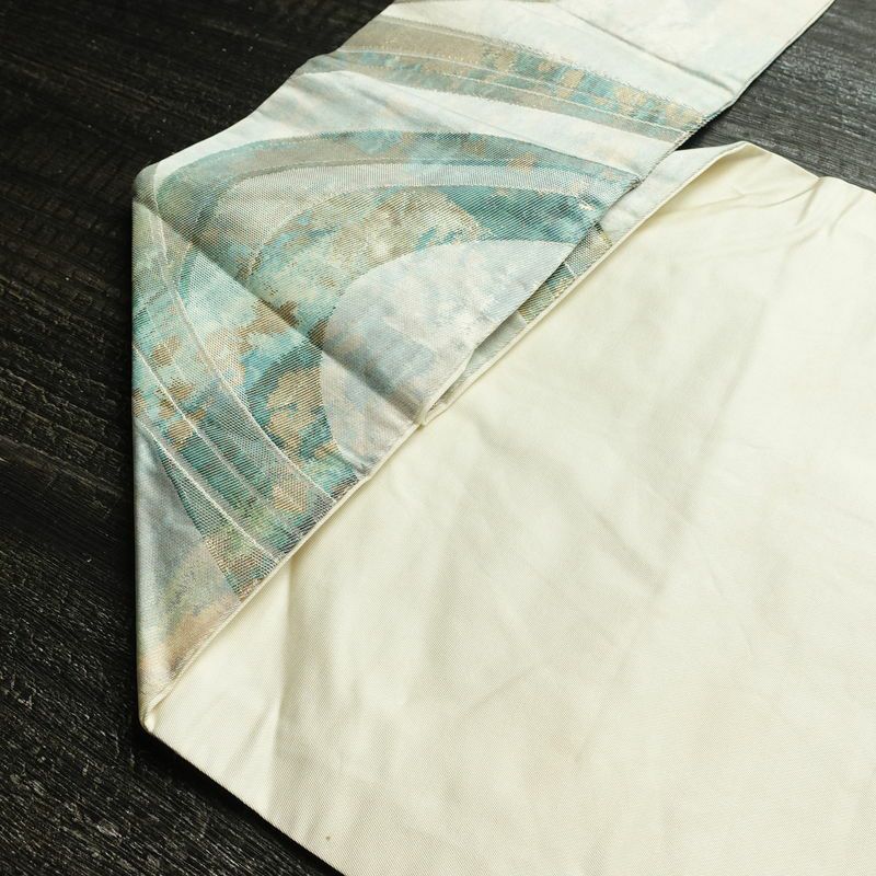 名古屋帯 六通柄 正絹 流水・波柄 名古屋仕立て なごや帯 リサイクル帯 帯 箔 緑・うぐいす色_画像19