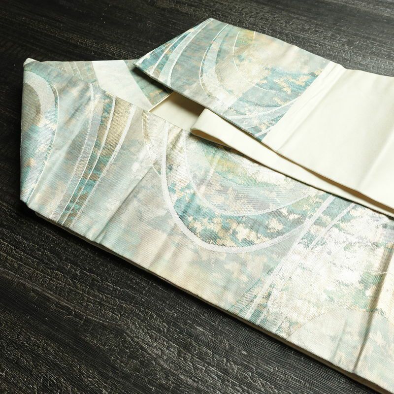 名古屋帯 六通柄 正絹 流水・波柄 名古屋仕立て なごや帯 リサイクル帯 帯 箔 緑・うぐいす色_画像21