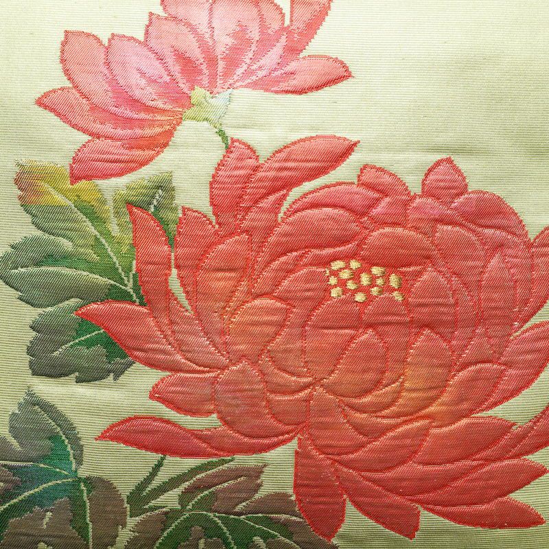 名古屋帯 太鼓柄 正絹 花柄 名古屋仕立て なごや帯 リサイクル帯 帯 箔 緑・うぐいす色_画像2