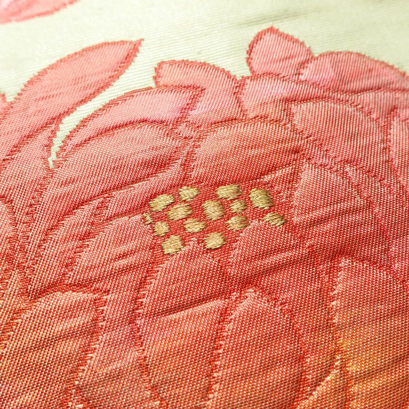 名古屋帯 太鼓柄 正絹 花柄 名古屋仕立て なごや帯 リサイクル帯 帯 箔 緑・うぐいす色_画像3