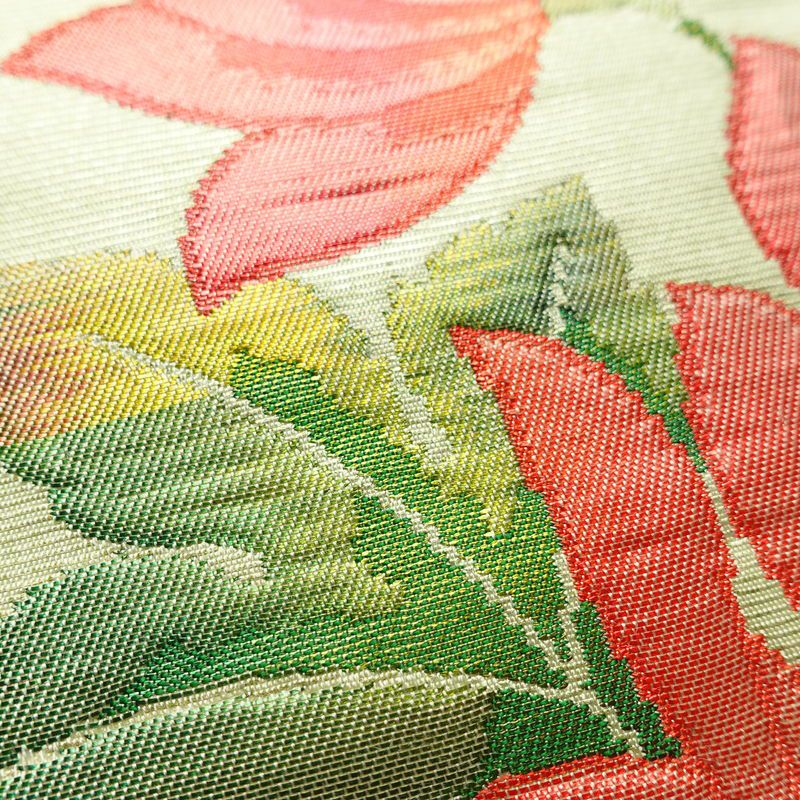 名古屋帯 太鼓柄 正絹 花柄 名古屋仕立て なごや帯 リサイクル帯 帯 箔 緑・うぐいす色_画像6