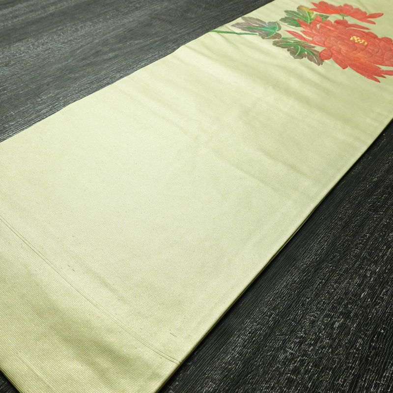 名古屋帯 太鼓柄 正絹 花柄 名古屋仕立て なごや帯 リサイクル帯 帯 箔 緑・うぐいす色_画像8