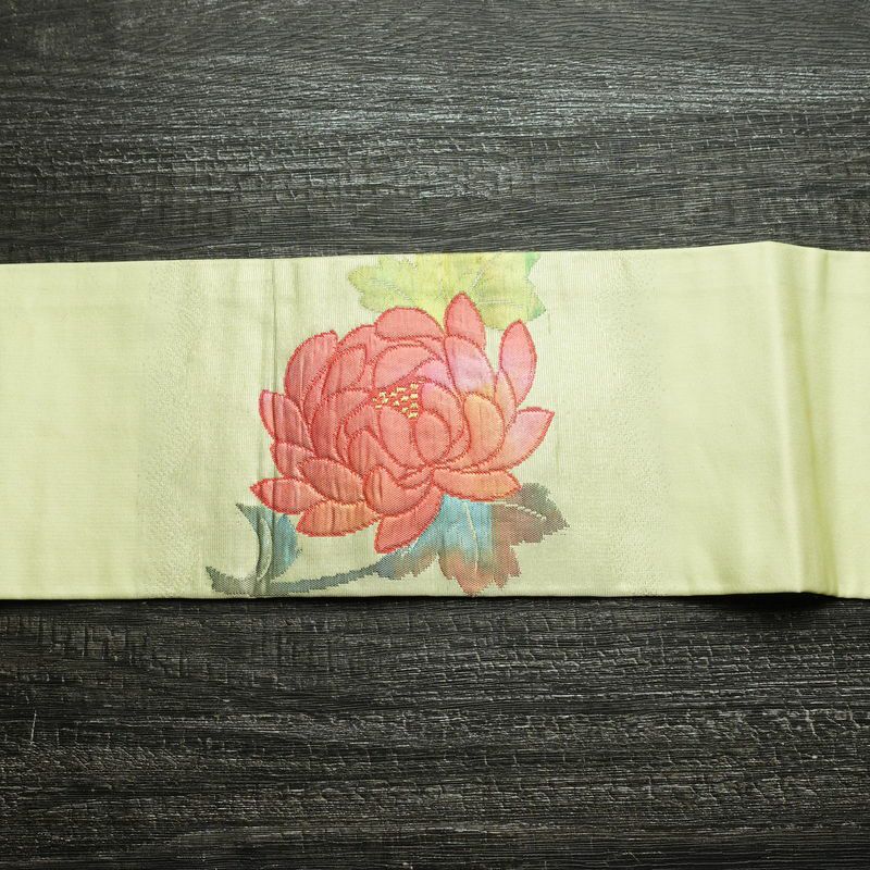 名古屋帯 太鼓柄 正絹 花柄 名古屋仕立て なごや帯 リサイクル帯 帯 箔 緑・うぐいす色_画像13