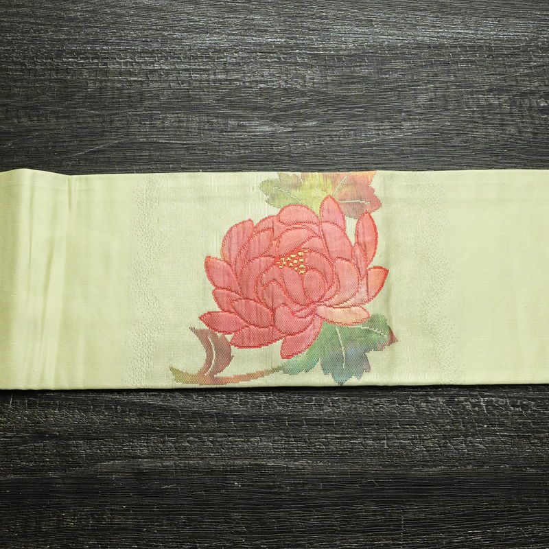 名古屋帯 太鼓柄 正絹 花柄 名古屋仕立て なごや帯 リサイクル帯 帯 箔 緑・うぐいす色_画像14