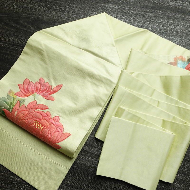 名古屋帯 太鼓柄 正絹 花柄 名古屋仕立て なごや帯 リサイクル帯 帯 箔 緑・うぐいす色_画像19