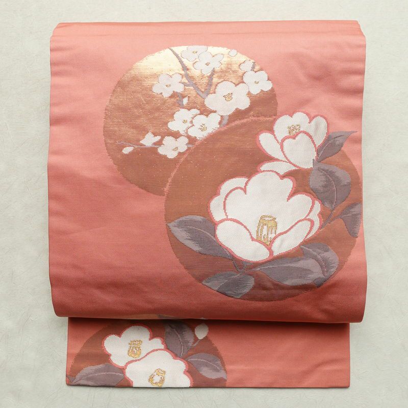 名古屋帯 六通柄 良品 正絹 花柄 名古屋仕立て なごや帯 リサイクル帯 帯 引箔 ピンク_画像1
