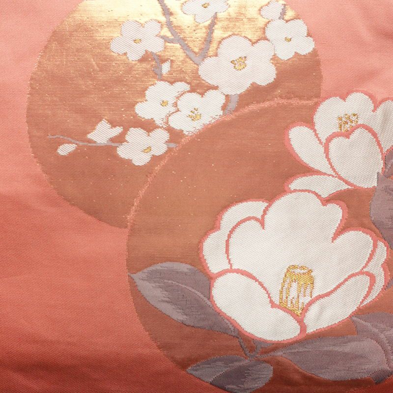 名古屋帯 六通柄 良品 正絹 花柄 名古屋仕立て なごや帯 リサイクル帯 帯 引箔 ピンク_画像2