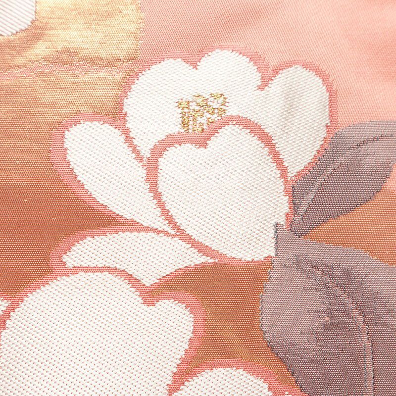 名古屋帯 六通柄 良品 正絹 花柄 名古屋仕立て なごや帯 リサイクル帯 帯 引箔 ピンク_画像4