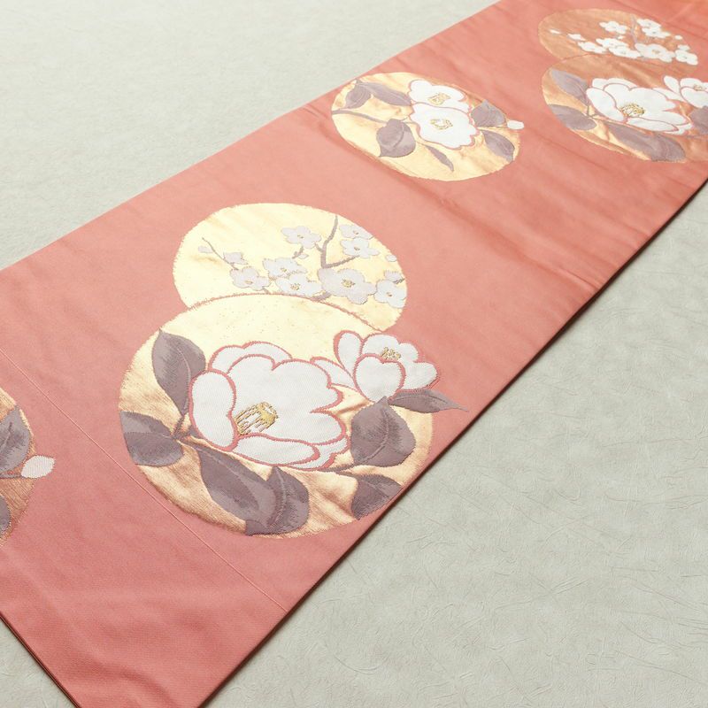 名古屋帯 六通柄 良品 正絹 花柄 名古屋仕立て なごや帯 リサイクル帯 帯 引箔 ピンク_画像8