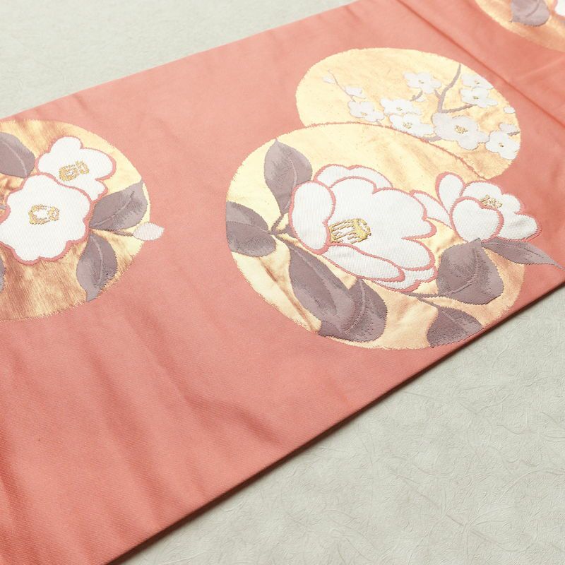 名古屋帯 六通柄 良品 正絹 花柄 名古屋仕立て なごや帯 リサイクル帯 帯 引箔 ピンク_画像11