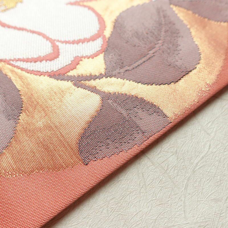 名古屋帯 六通柄 良品 正絹 花柄 名古屋仕立て なごや帯 リサイクル帯 帯 引箔 ピンク_画像12